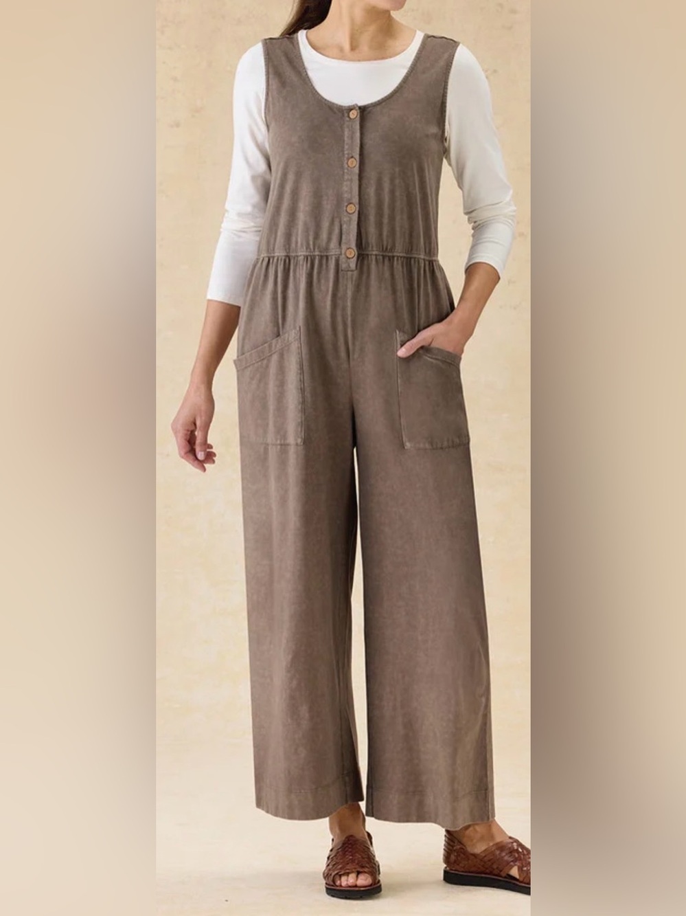 Coldwater Creek Sleeveless Button-Front Jumpsuit in Taupe